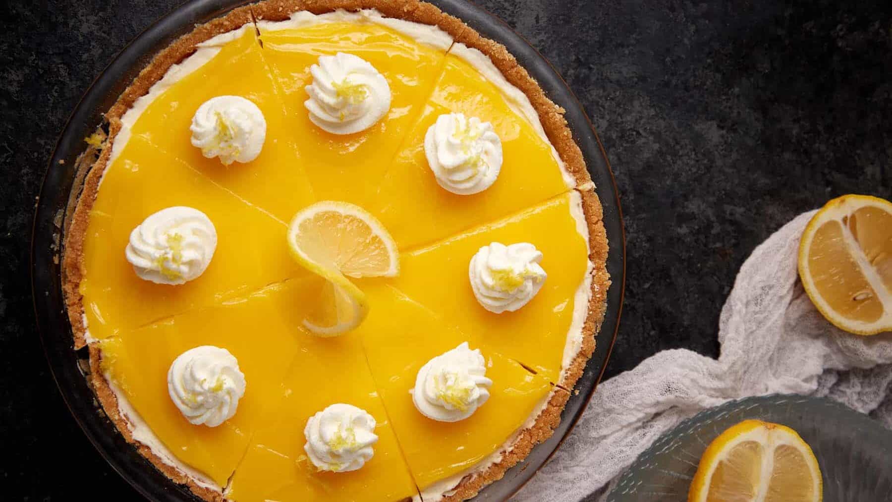 Close up shot of no bake lemon curd pie.