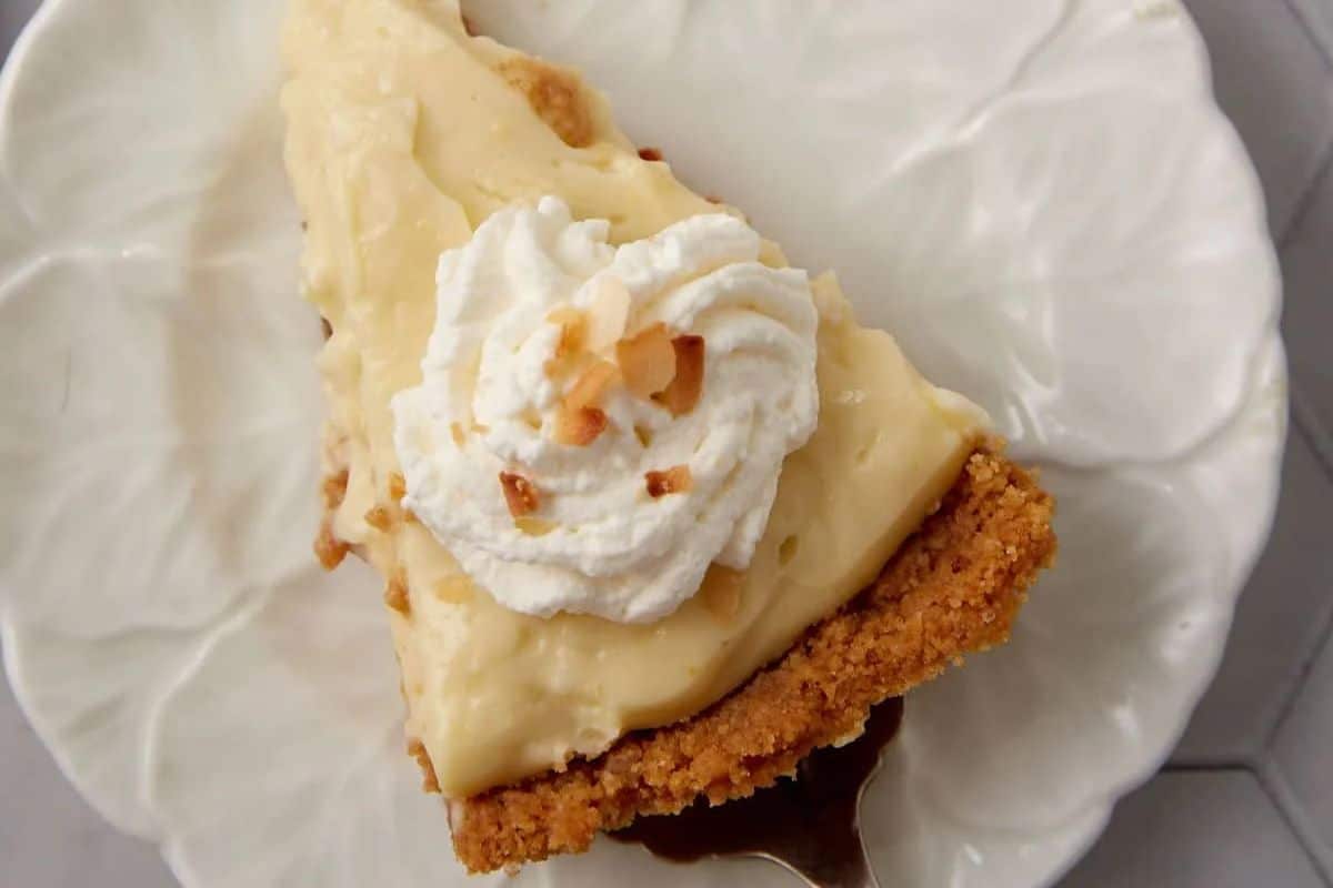 Close up shot of coconut cream pie.