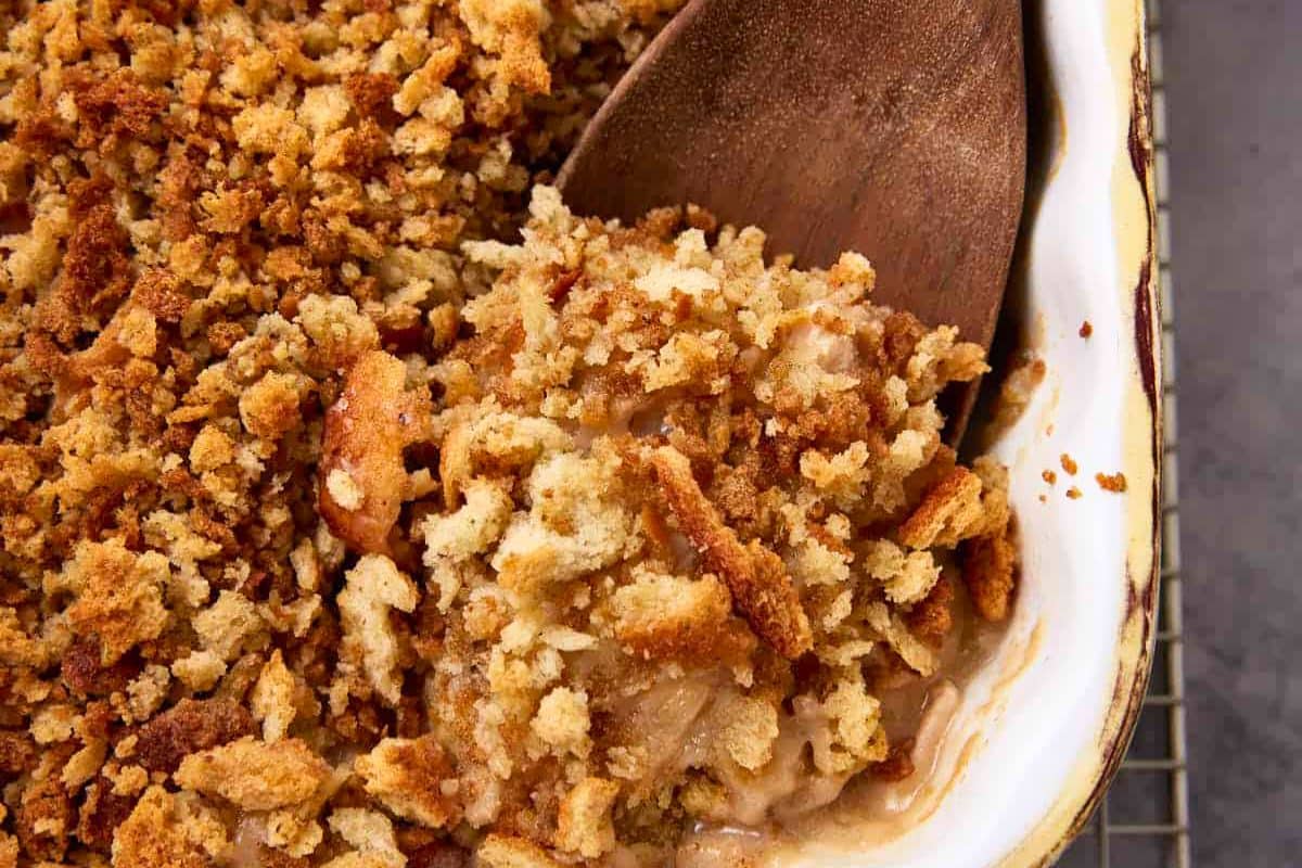 A close up shot of chicken and stuffing casserole.