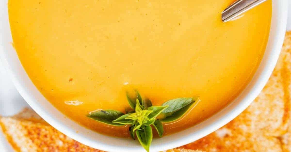 A close up shot of butternut squash soup.