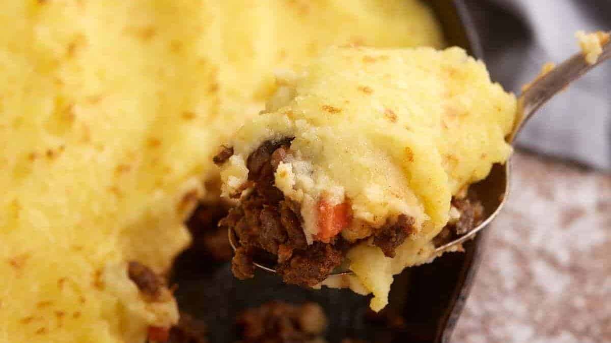 A close up shot of Shepherd's pie.