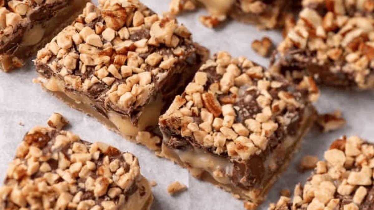 A close up shot of shortbread toffee bars.