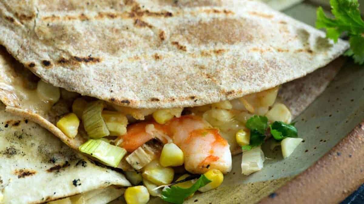 A close up shot of shrimp quesadillas.