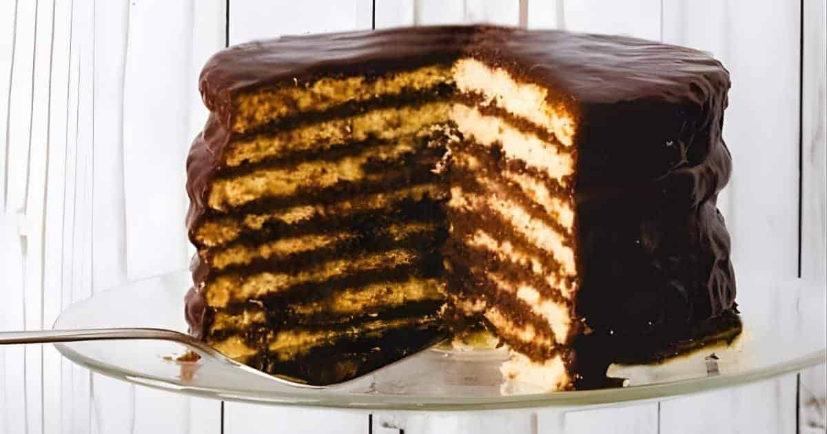 A close up shot of Smith island cake.