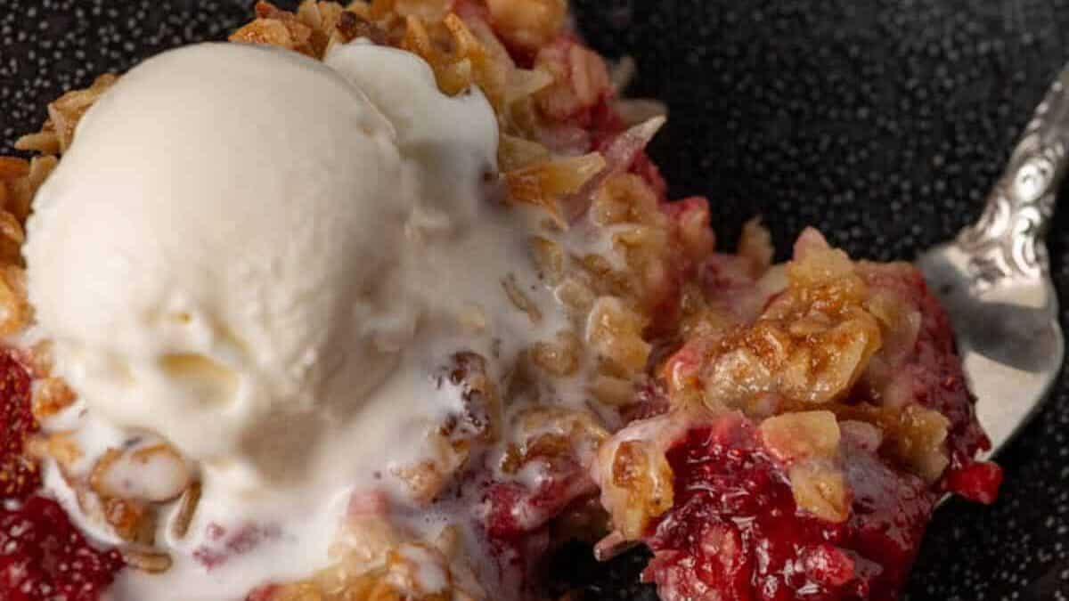 Close up shot of strawberry crisp.