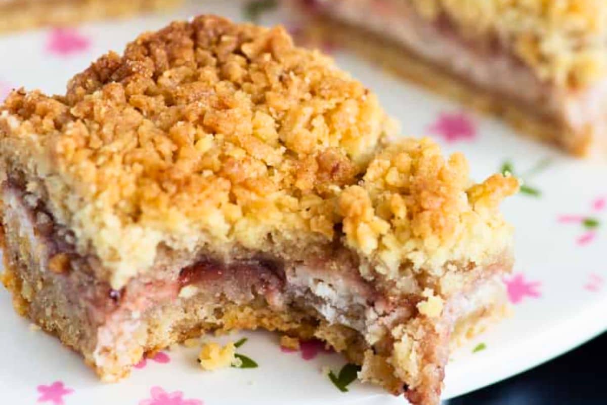 A close up shot of strawberry shortbread.