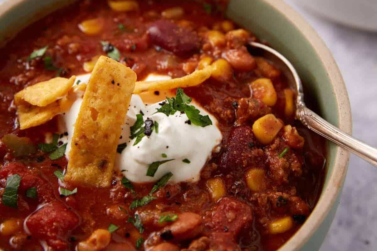 A close up shot of taco soup.