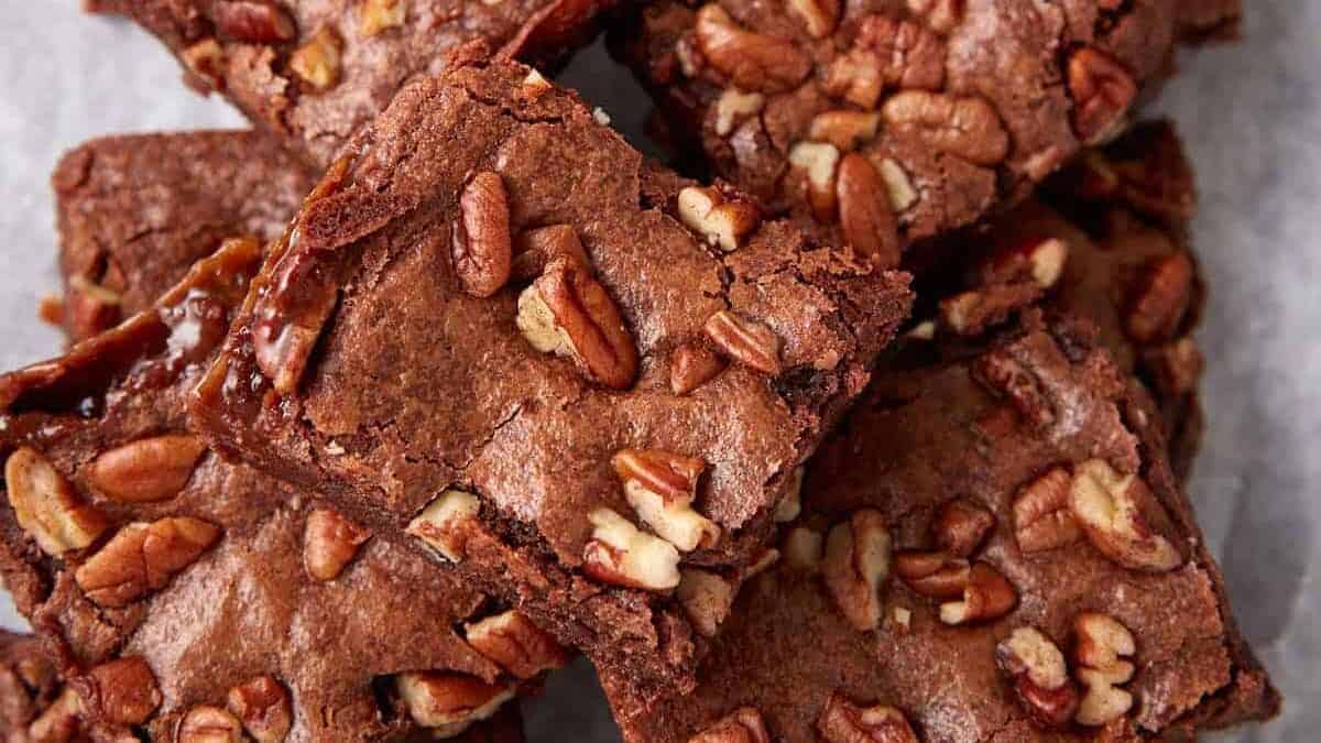 A close up shot of turtle brownies.