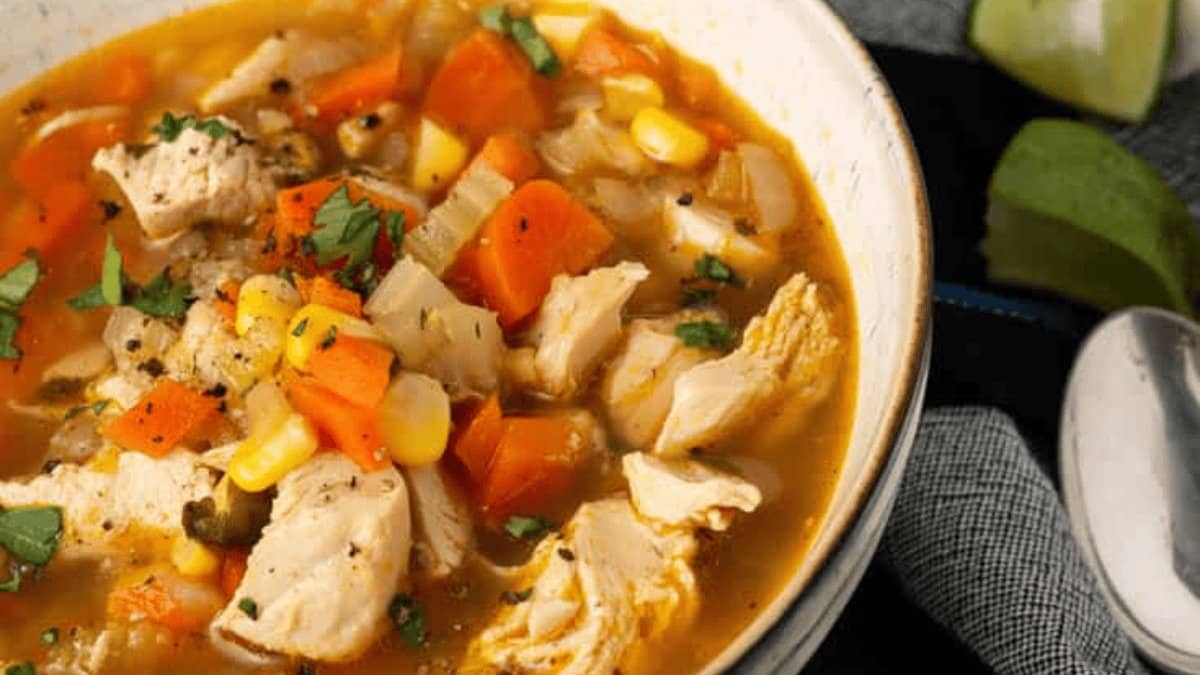 A close up shot of chicken soup.