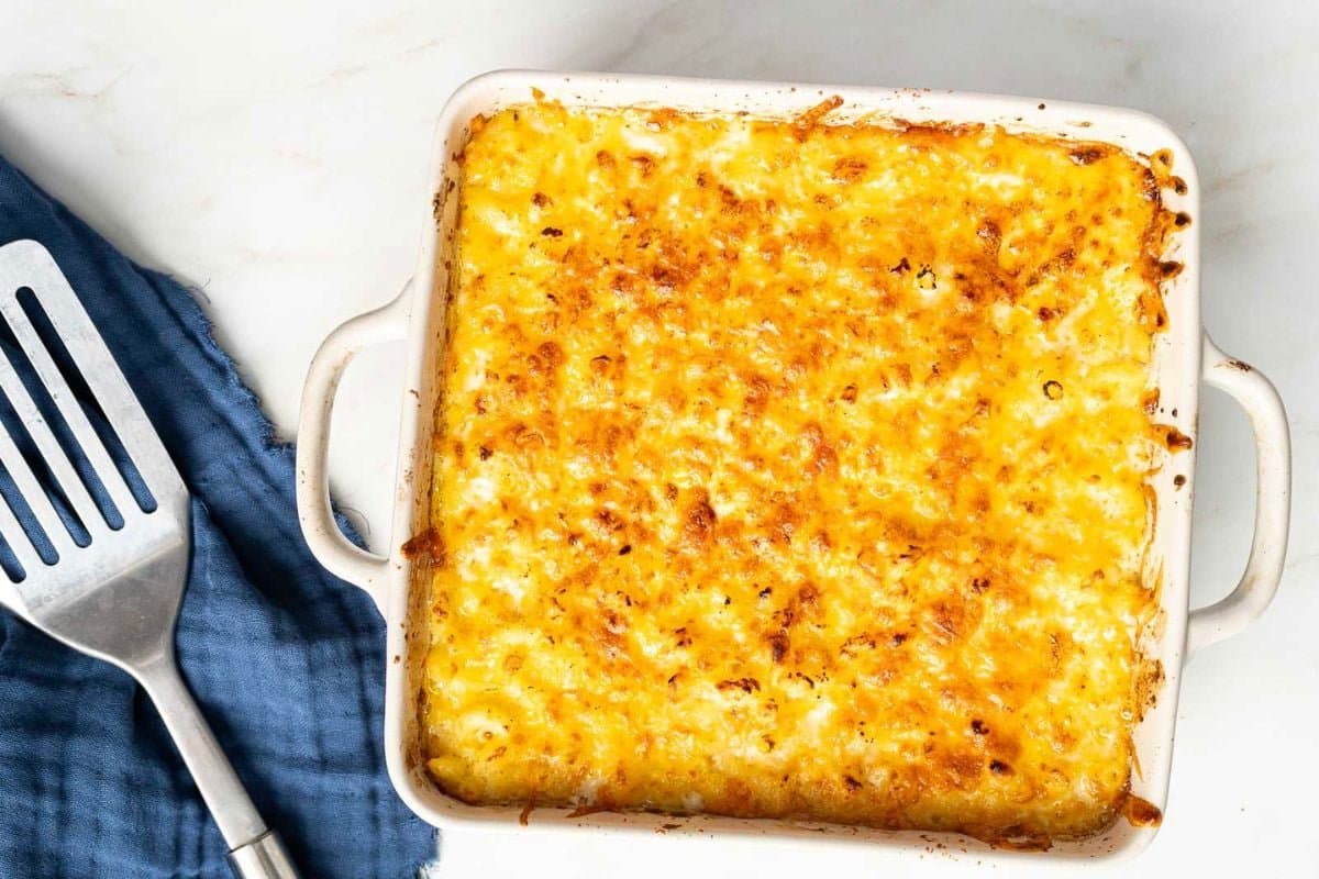 A close up shot of baked mac and cheese.