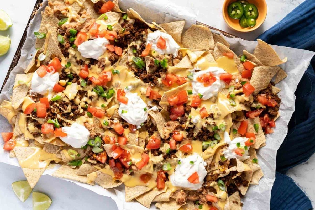 A close up shot of bean nachos.