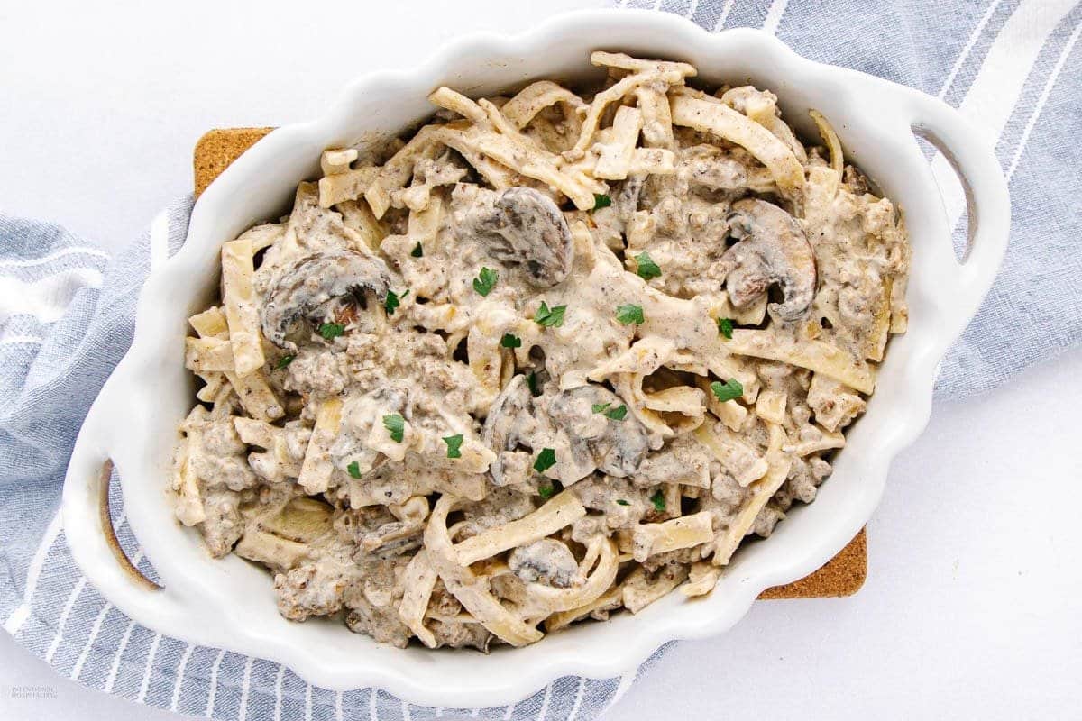 A close up shot of beef stroganoff.