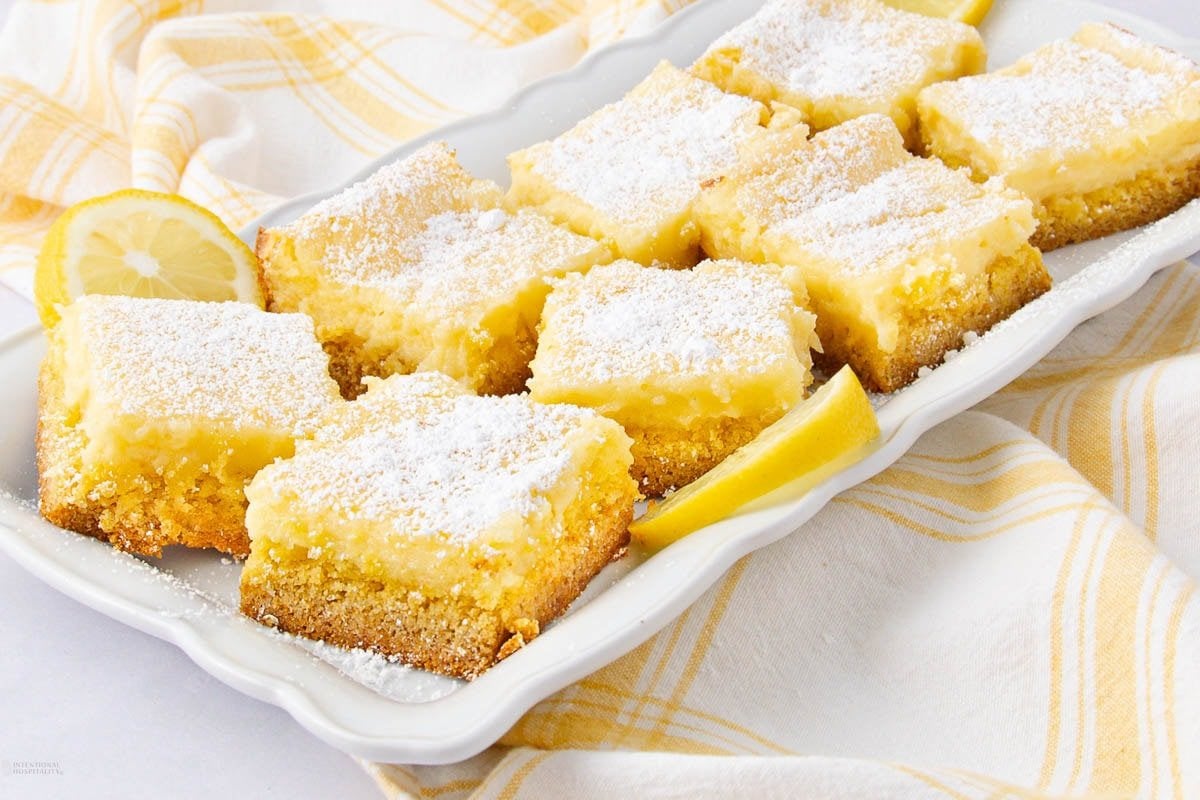 A close up shot of lemon bars.