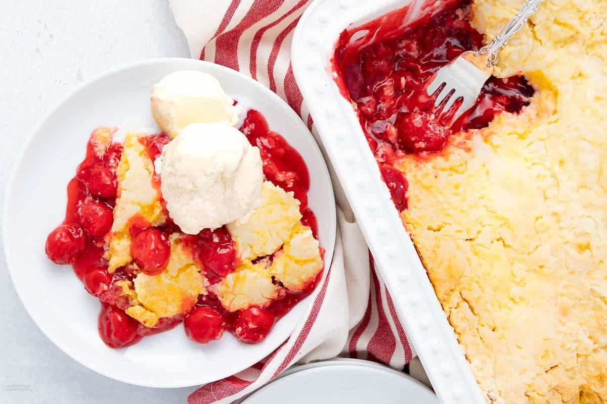 A close up shot of cherry dump cake.