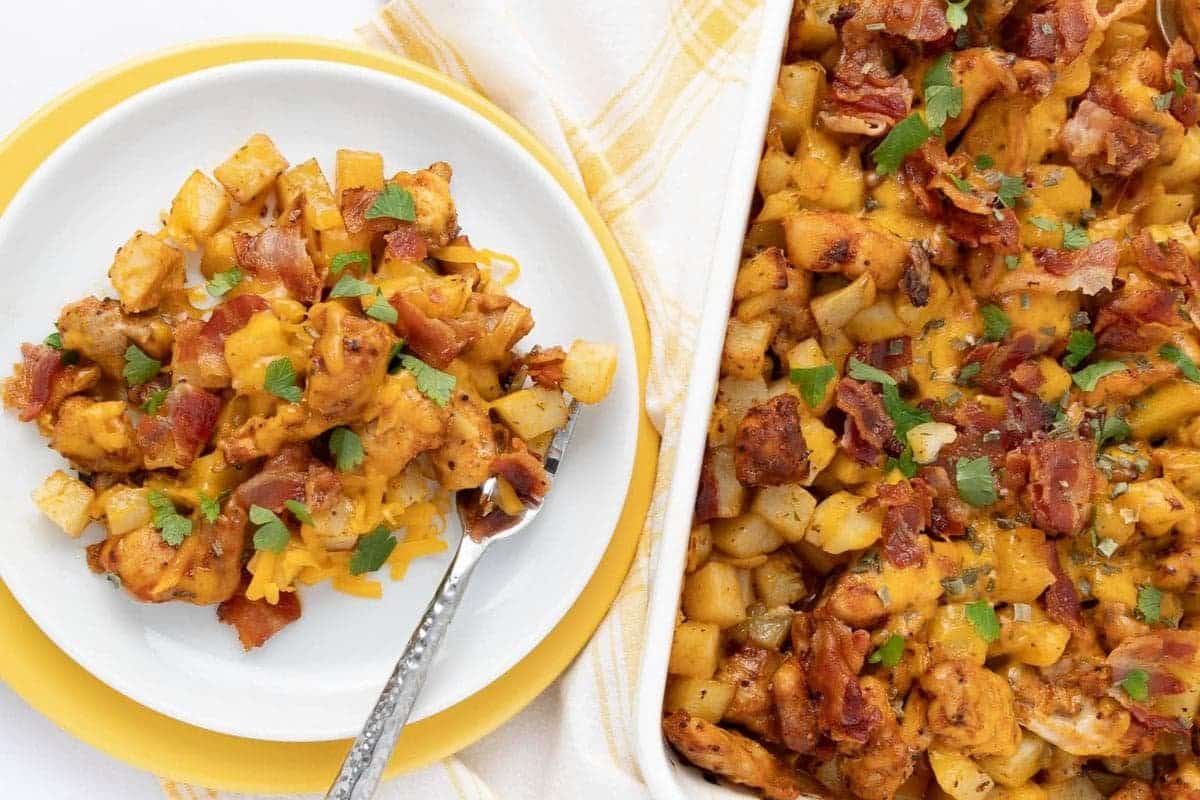 A close up shot of chicken potato casserole.