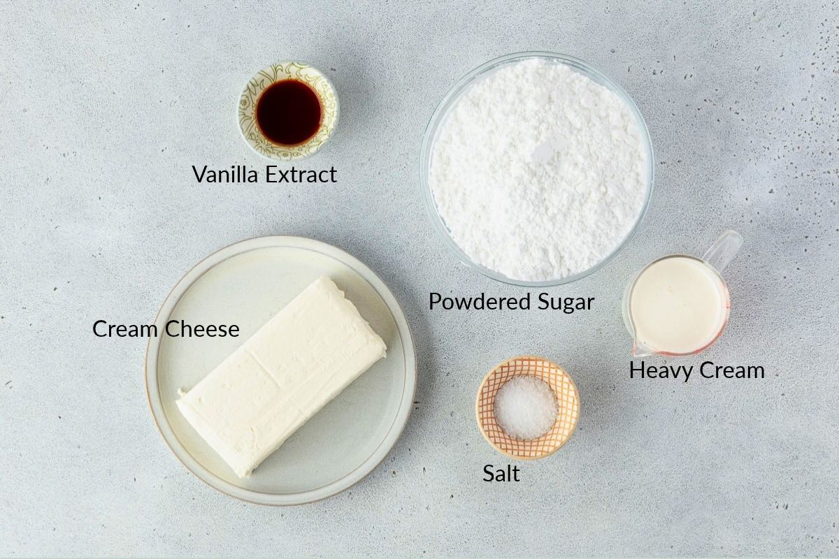 Ingredients for frosting: cream cheese, powdered sugar, heavy cream, vanilla extract, and salt.