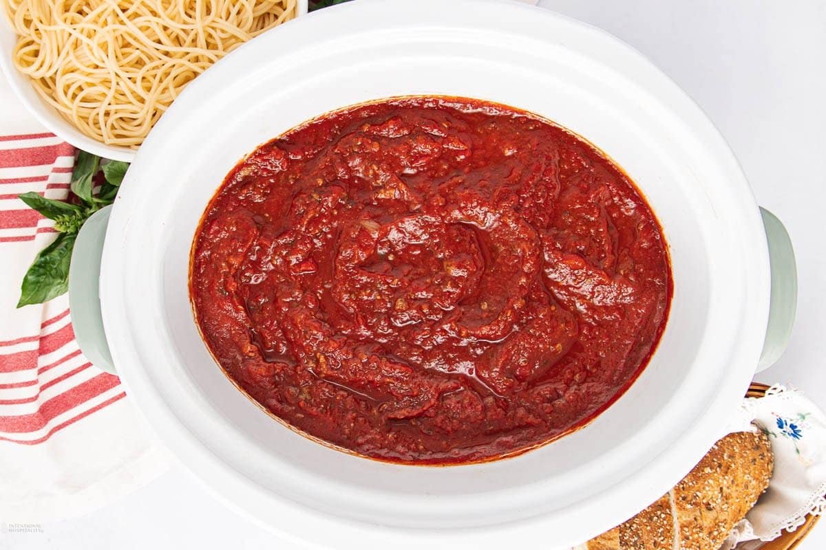 A close up shot of spaghetti sauce.