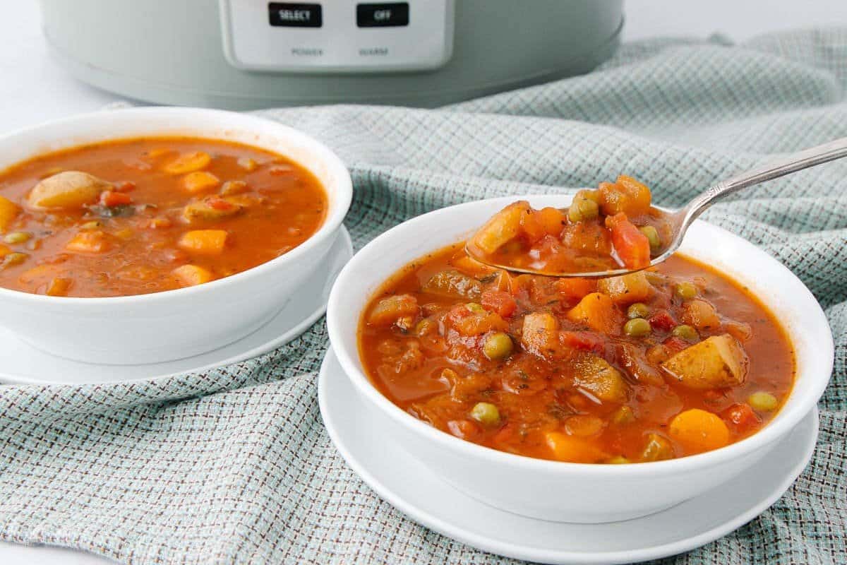A close up shot of vegetable soup.