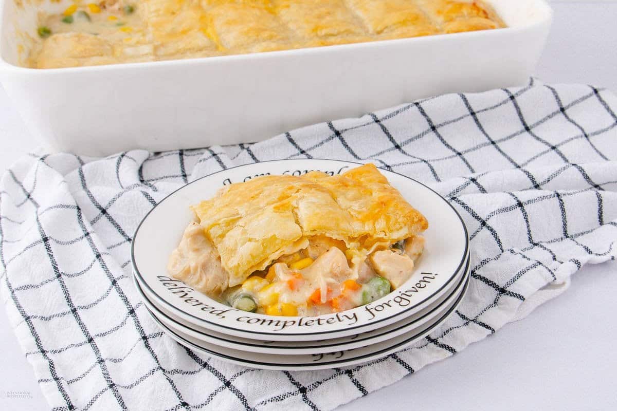 A close up shot of chicken pot pie casserole.