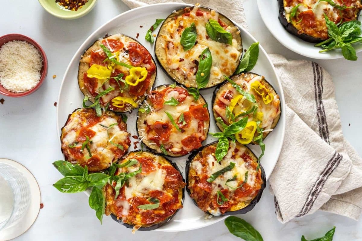 A close up shot of eggplant pizza.