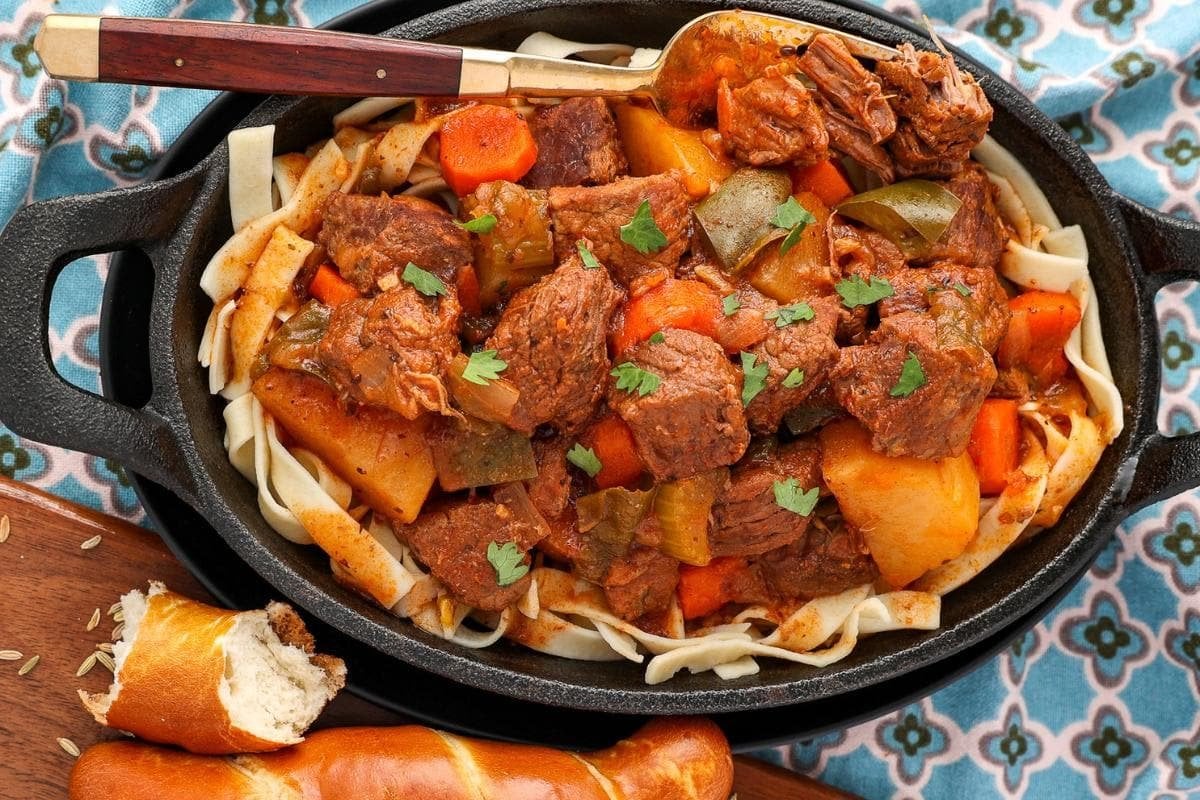 A close up shot of German goulash.