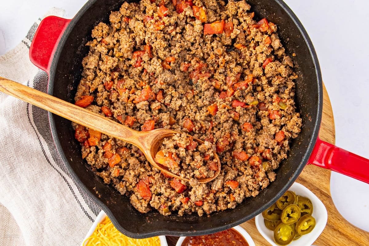A close up shot of ground meat taco.