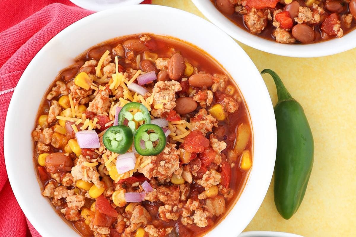 A close up shot of turkey chili.