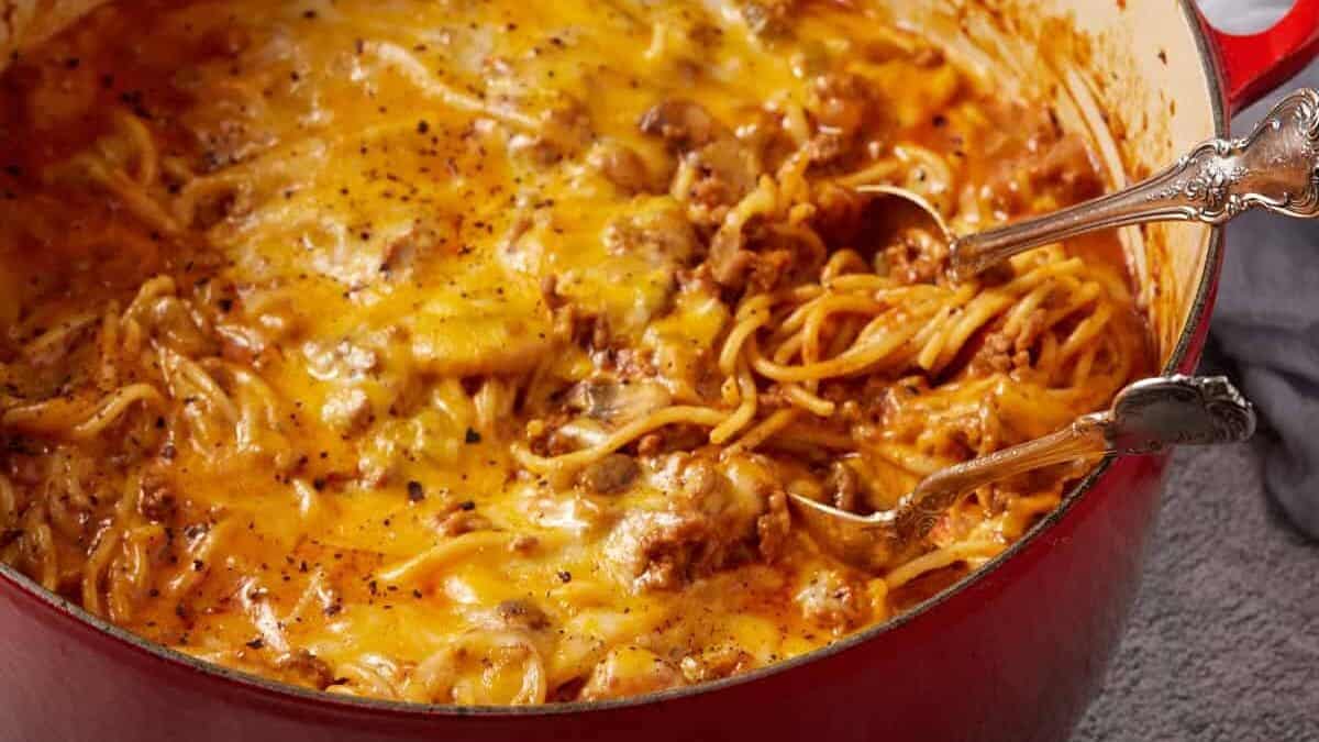 A close up shot of spaghetti.