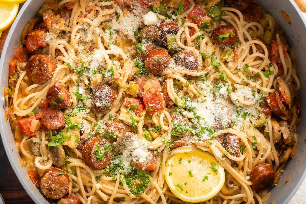 A close up shot of cajun sausage pasta.