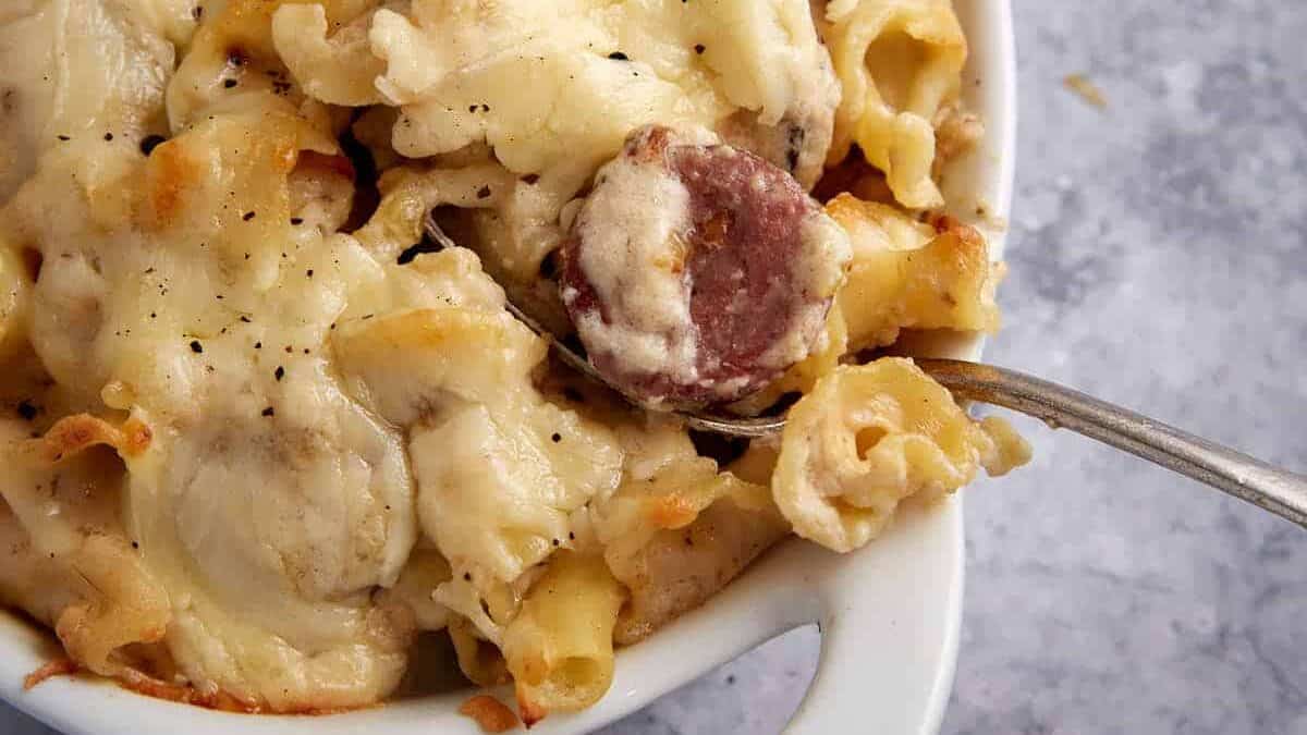 A close up shot of kielbasa mac and cheese.