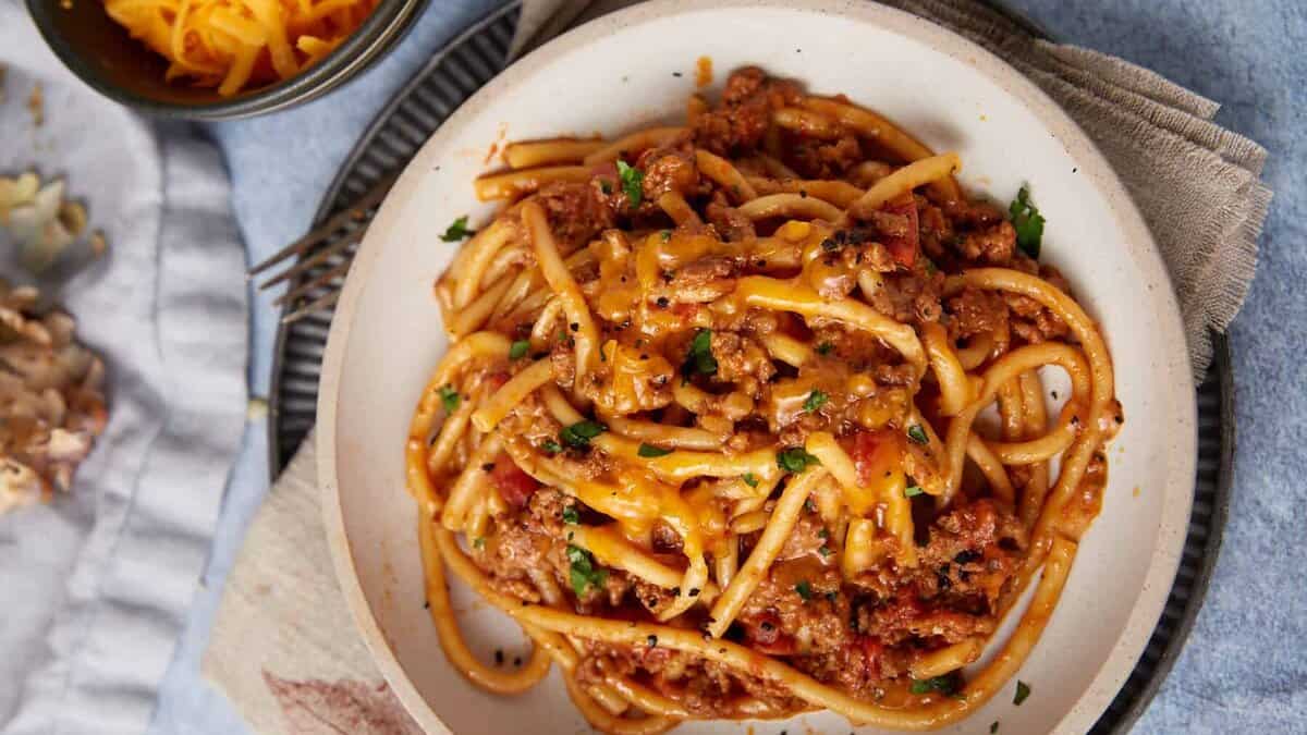 A close up shot of taco spaghetti.