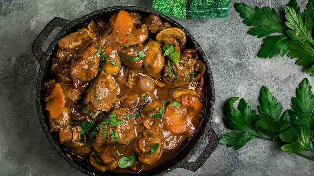 A close up shot of beef bourguignon.