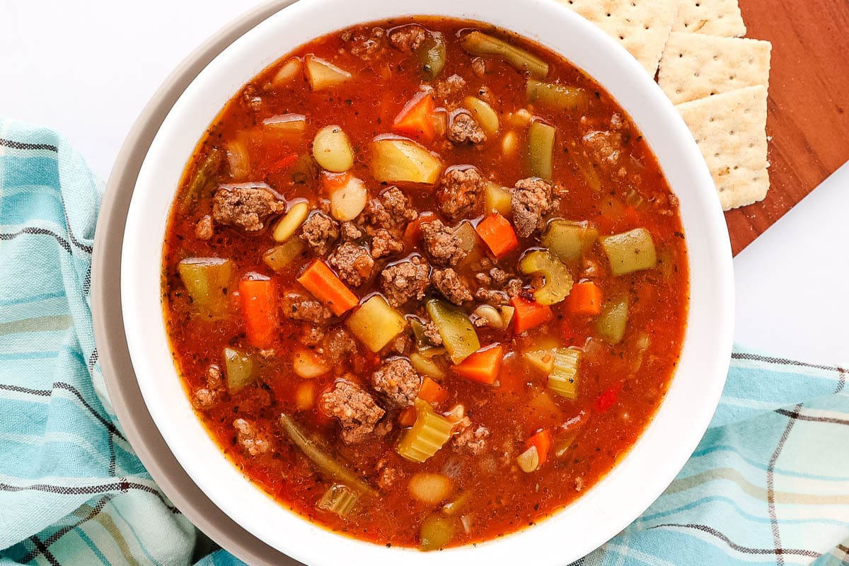 A close up shot of hamburger vegetable soup.