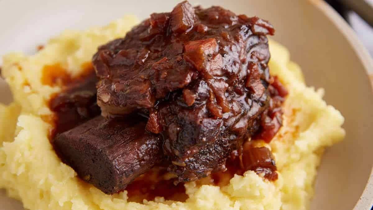 A close up shot of braised short ribs.
