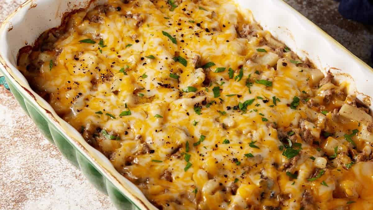 A close up shot of hamburger potato casserole.