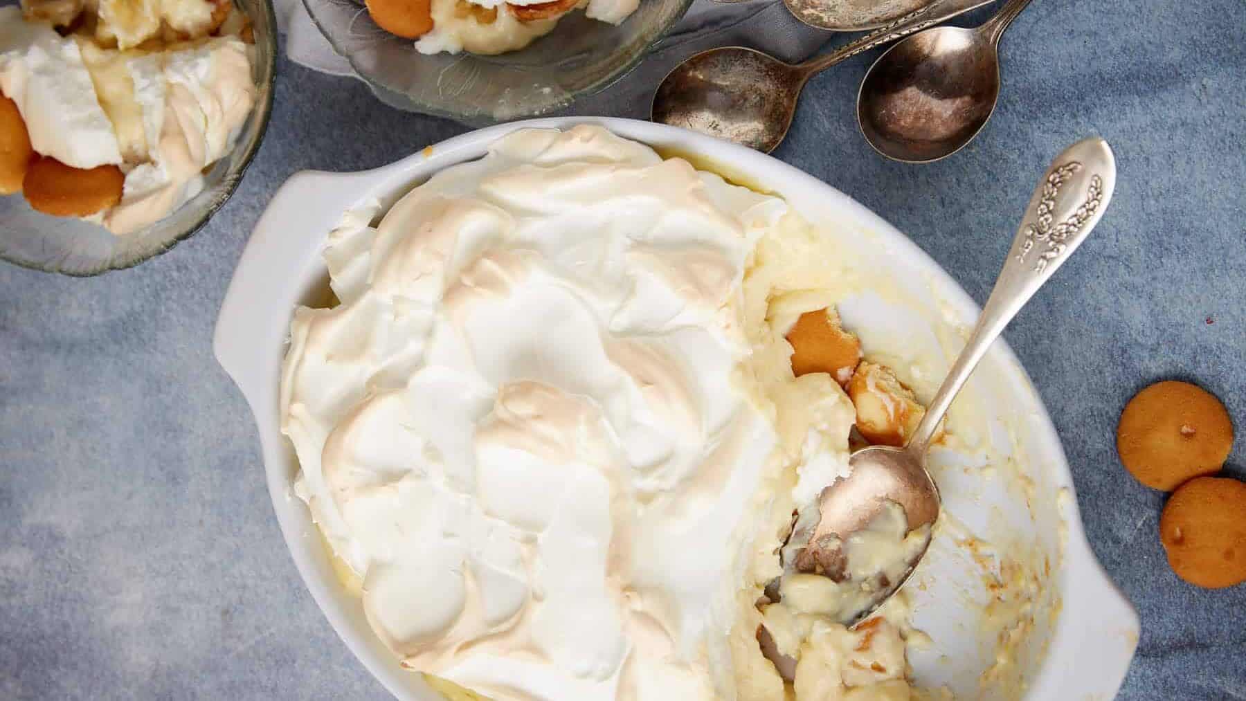 A close up shot of Banana Pudding With Meringue.