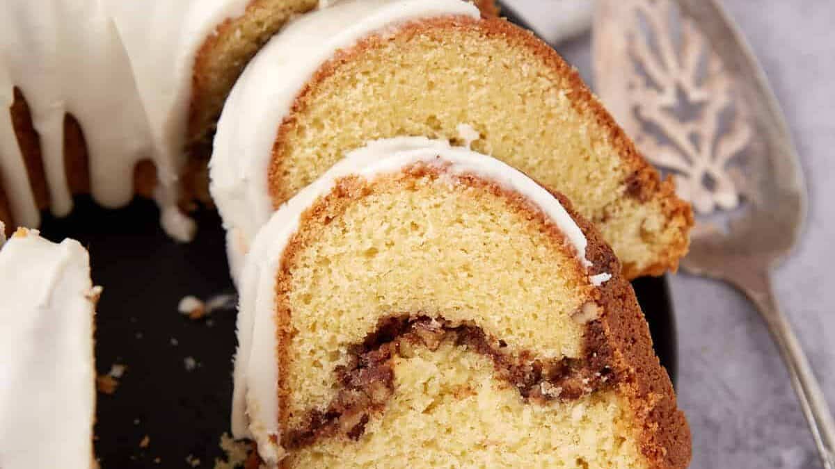 A close up shot of sliced cake.