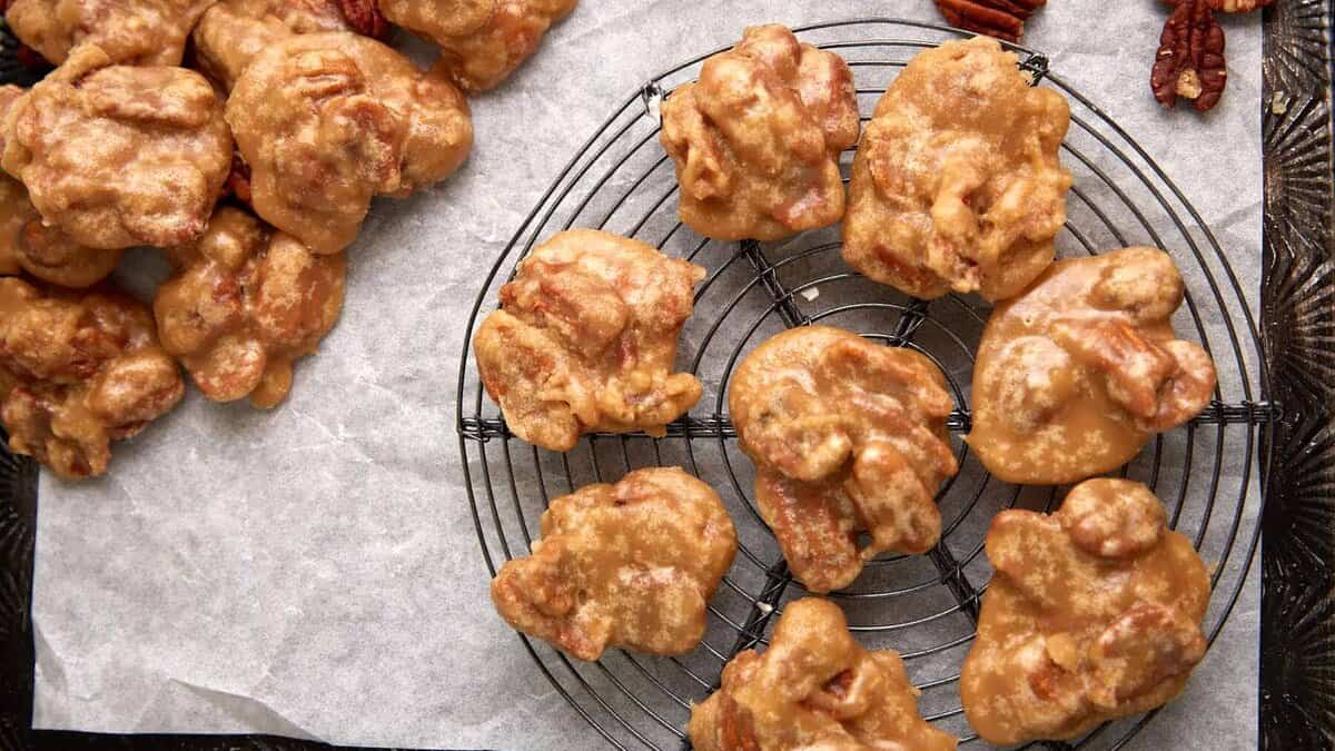 A close up shot of pecan praline.