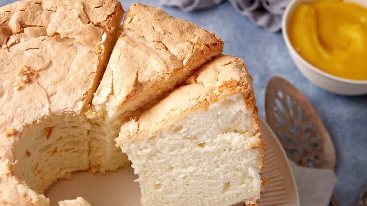 A close up shot of Angel Food Cake.