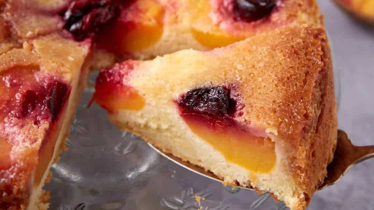 A close up shot of Peach Upside Down Cake.