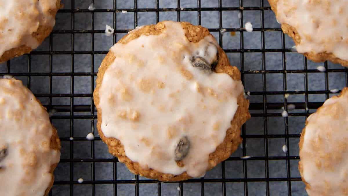 A close up shot of Iced Oatmeal Cookies.
