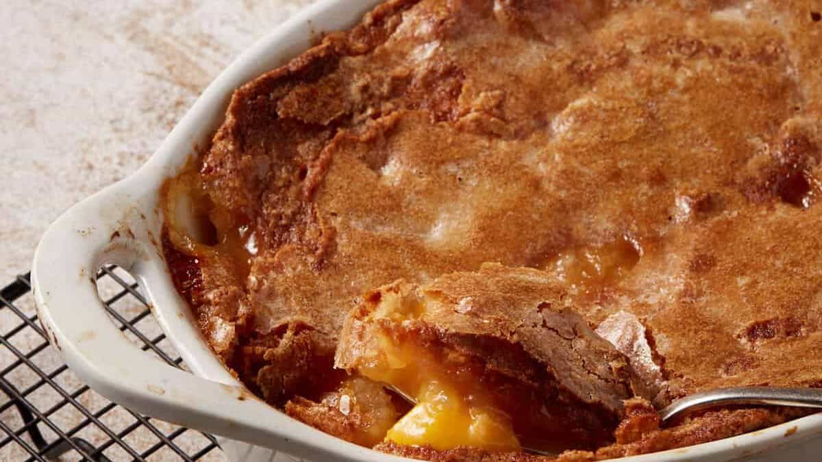 A close up shot of Peach Cobbler.