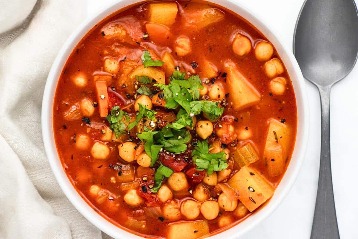 A close up shot of chickpea soup.