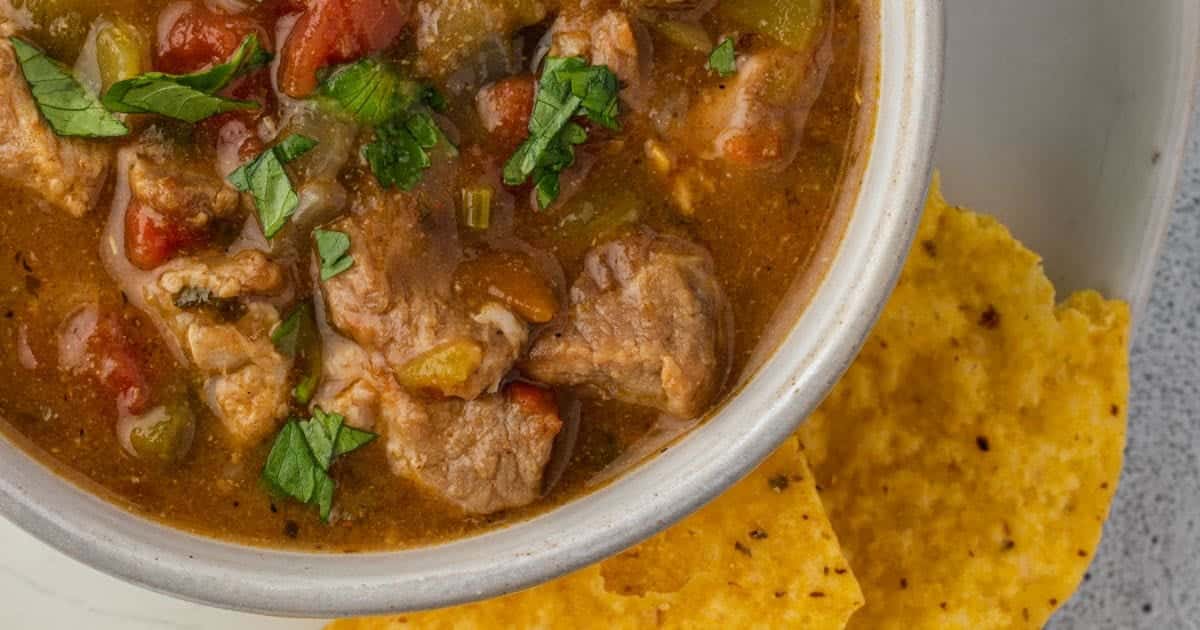 A bowl of pork and tomato stew garnished with herbs, served with tortilla chips.