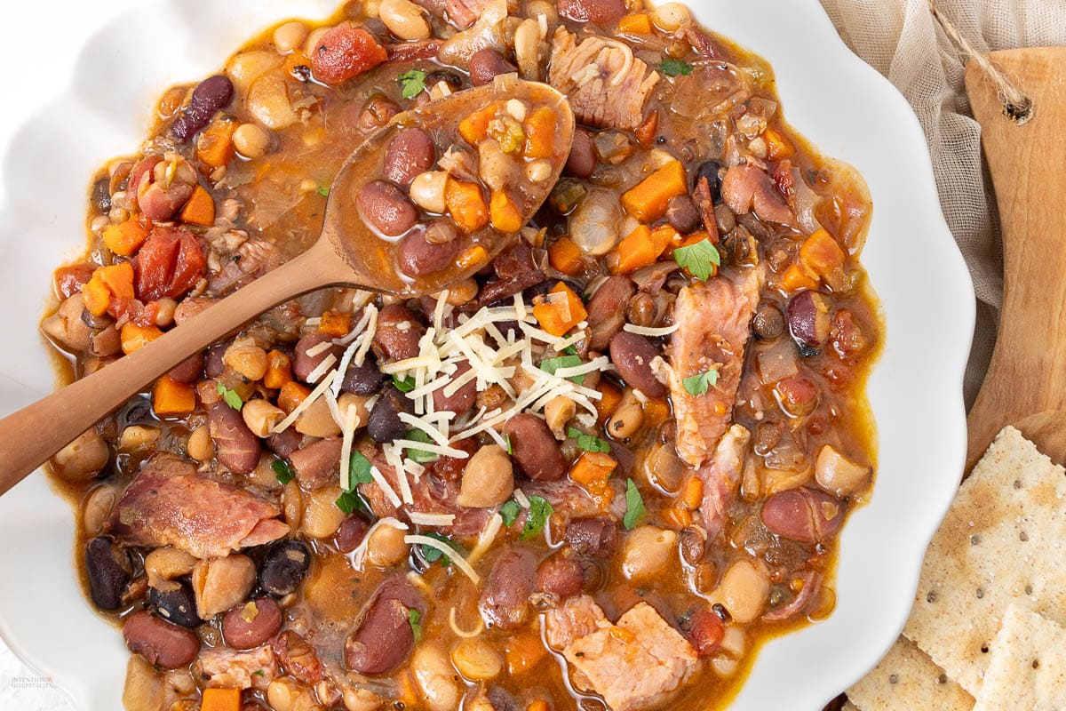 A close up shot of 16 bean soup.