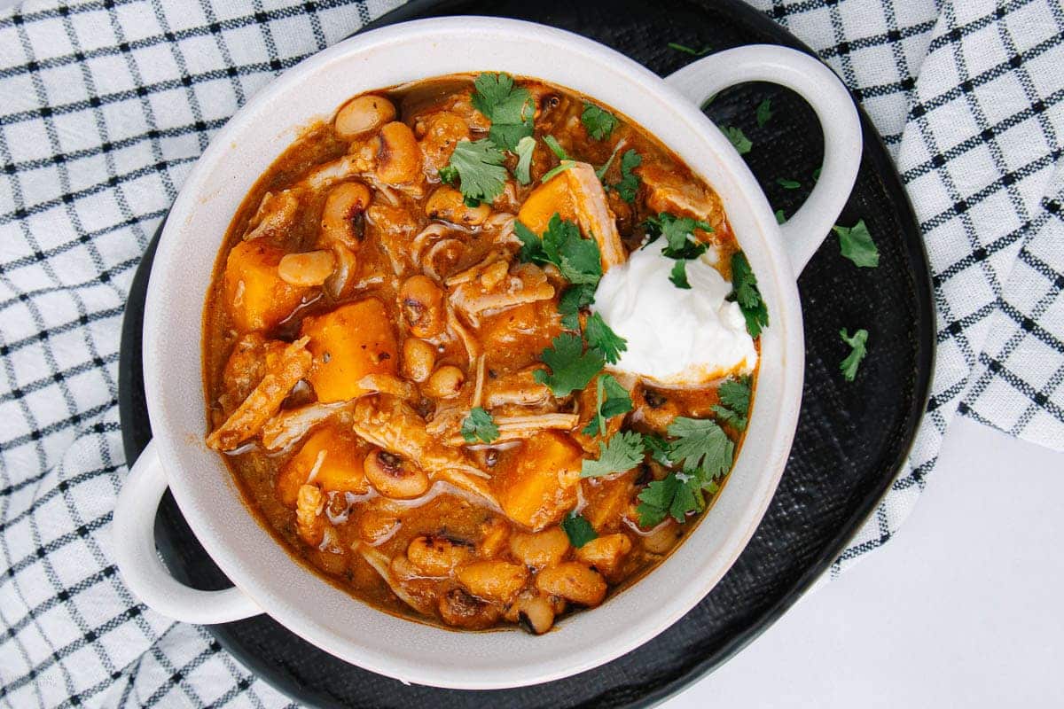 A close up shot of black eyed peas soup.