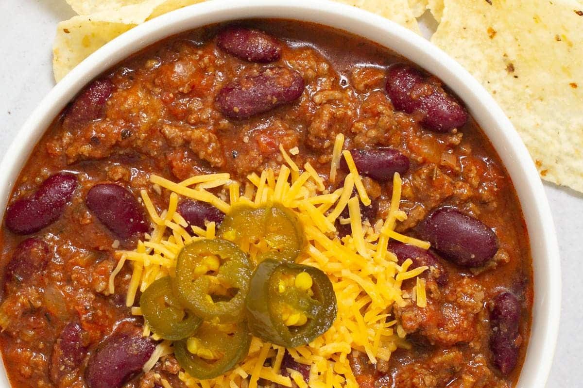 A close up shot of Texas roadhouse chili.