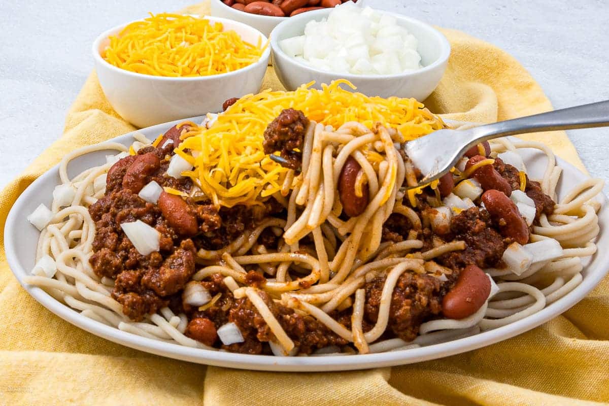 A close up shot of skyline chili.