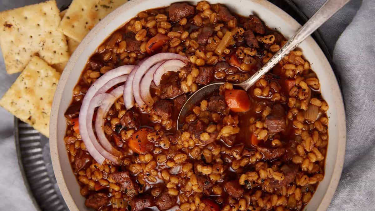 A close up shot of Beef And Barley Soup.