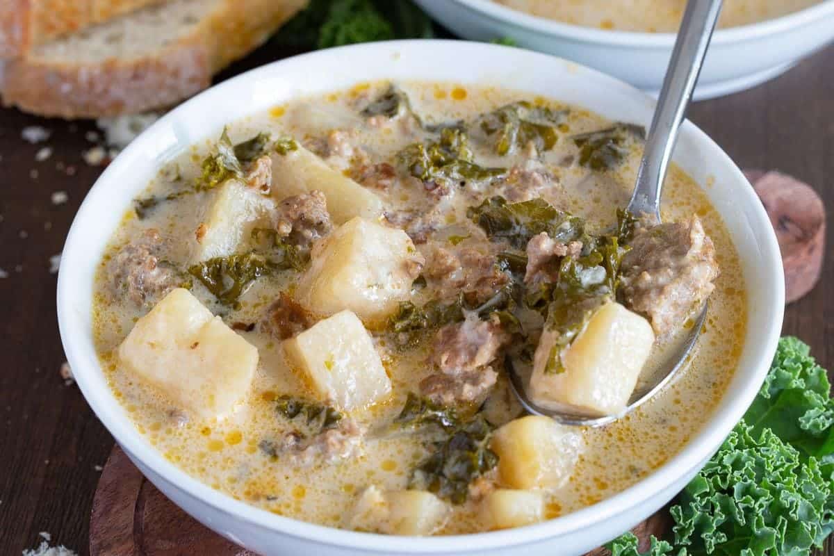 A close up shot of Toscana Zuppa Soup.